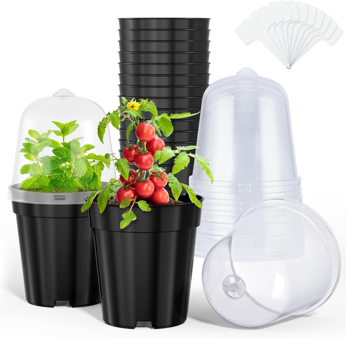 homenote Nursery Pots for Plants,5 Inch Plant Pot for Planting with Humidity Domes Plastic Seedling with Drainage Holes Seed Starter Flower with 10 Labels Black (15 Pack)