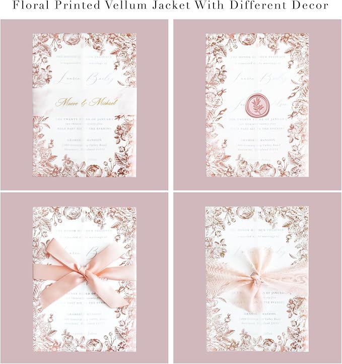 PONATIA 50 PCS Vellum Jackets for 5x7 Wedding Invitation Cards- 135gsm Floral Printed Vellum Sleeves, Invitation Cards Wraps (Rose Gold Foil)