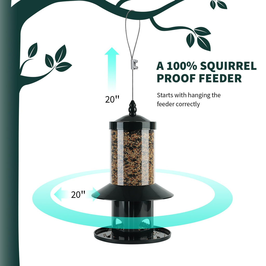 Squirrel Proof Bird Feeder - 360° Feeding Perch Tray for Outdoor Hanging Wild Bird Seeds, Dark Green.
