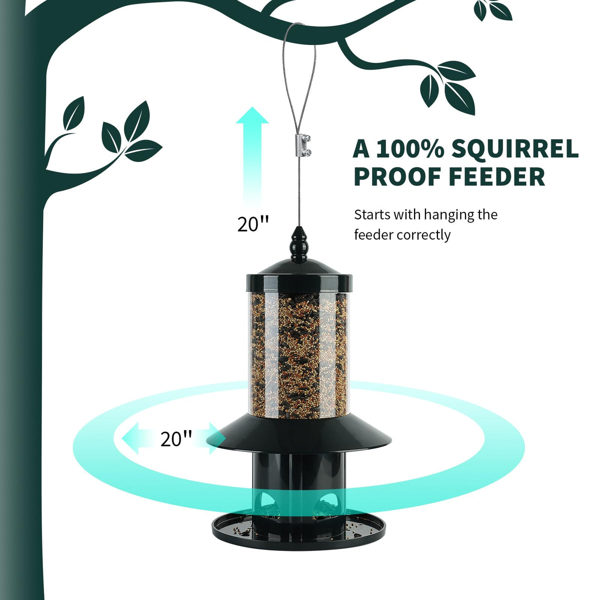 Squirrel Proof Bird Feeder - 360° Feeding Perch Tray for Outdoor Hanging Wild Bird Seeds, Dark Green.