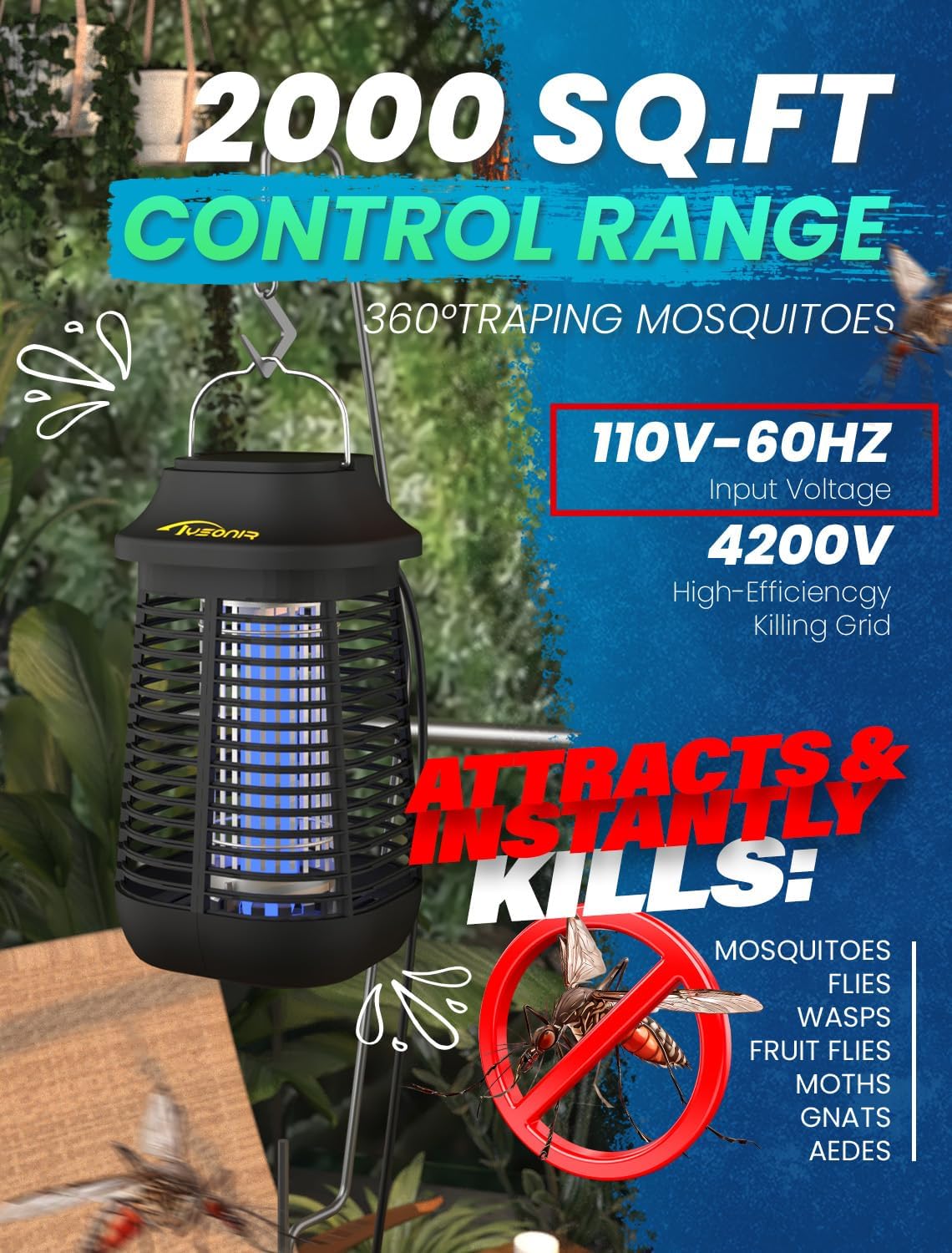Bug Zapper, 4200V High Power Electric Mosquito Zapper for Outdoor and Indoor, Waterproof Efficient Bug Zapper for Home Kitchen Patio Camping