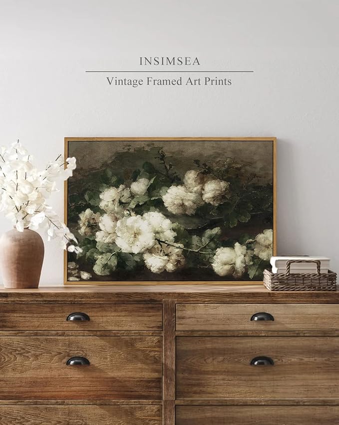 InSimSea Framed Canvas Wall Art Vintage Decor, Room Decor White Roses Still Life Paintings Canvas Print, Mid Century Modern Decor for Living Room, Bathroom Farmhouse Kitchen, 16"x24"