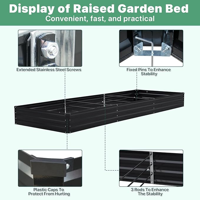 12×4×1ft Galvanized Metal Raised Garden Bed, Metal Planter Kit Box Outdoor for Deep-Rooted Vegetables, Flowers, Green and Herbs