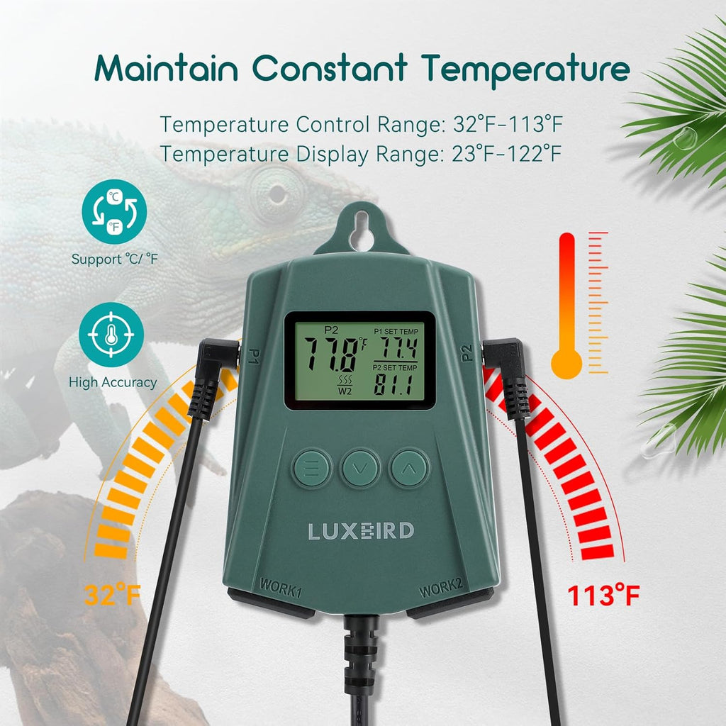 Luxbird Reptile Heating Pad 8x12 Inch with Dual Output Reptile Thermostat LB-2SC Combo Set Under Tank Terrarium Heating Mat for Turtles, Lizards, Frogs, and Other Reptiles