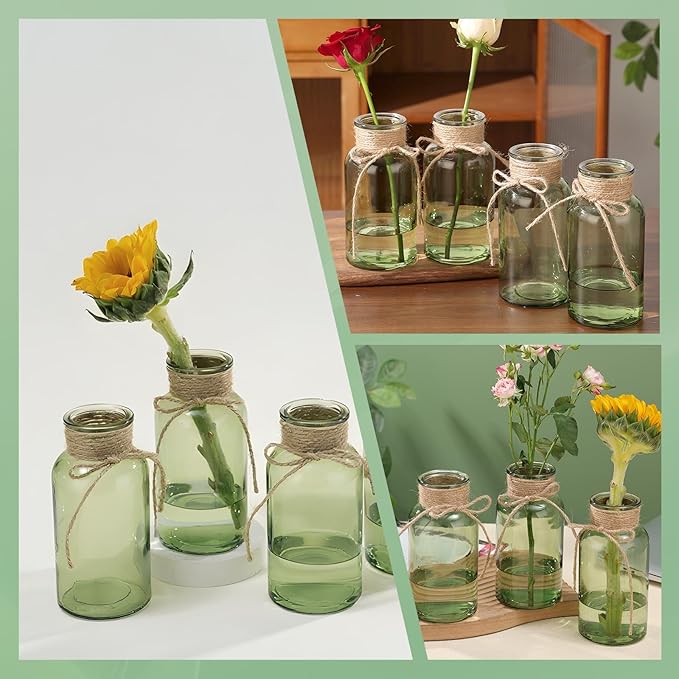 Green Glass Flower Vases for Centerpieces Set of 6, Mason Jars Boho Cylinder Bud Vases in Bulk, for Weddings Parties Vintage Home Decor