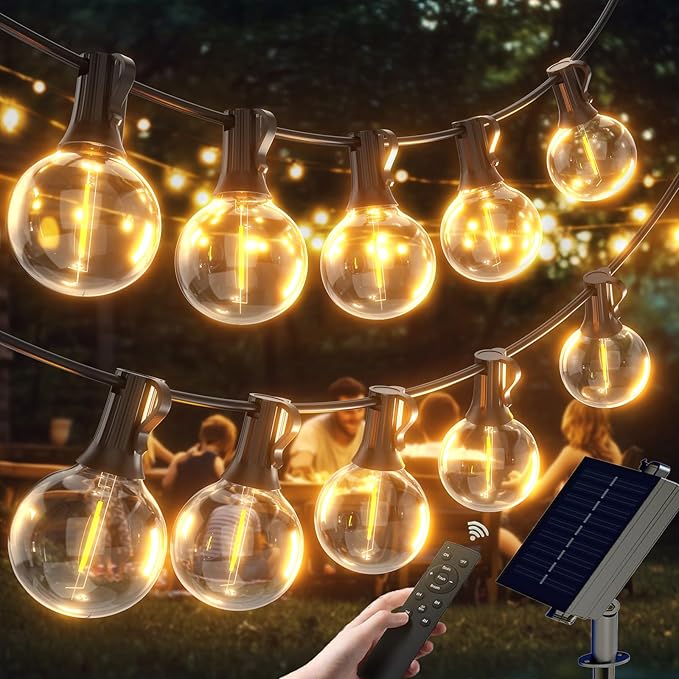 G40 Solar String Lights Outdoor with Remote 100 FT, USB & Solar Dual Charging, Waterproof, 8 Modes 3 Timers, 34+3 LED Shatterproof Bulbs, Dimmable Solar Light for Camping Backyard Bistro Porch Garden