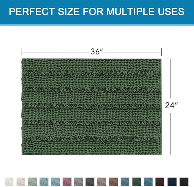 H.VERSAILTEX Bath Mats for Bathroom Non Slip Extra Thick Chenille Striped Bath Rug 24" x 36" Absorbent Non Skid Fluffy Soft Shaggy Rugs Washable Plush Mats for Indoor, Bath Room, Tub - Bronze Green