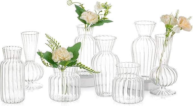 Modern Clear Glass Bud Vase Bulk Set: Glasseam 8Pcs Small Mini Flower Centerpieces Vases Handmade DecorativeCute Short Window Corner Home Decor for Wedding Reception Dining Table Single Rose