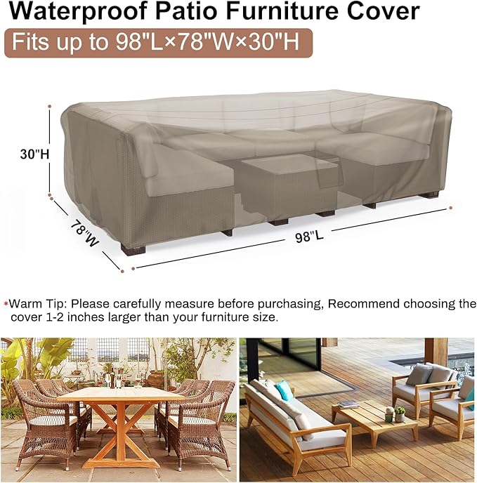 Mrrihand Heavy Duty Patio Furniture Covers, Outdoor Furniture Covers Waterproof Sectional Sofa Set, Patio Table and Chair Set Cover 98" L×78" W×30" H,Brown