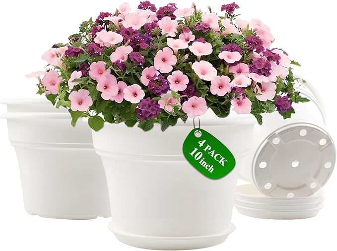 10 Inch Plastic-Flower-Pot-for-Indoor-Plants, 4 Pack Large Outdoor Planter Pot with Drainage Holes & Saucers, Resin Decorative Garden Pots Planters