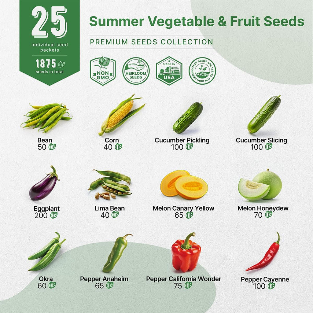 25 Summer Vegetable & Fruit Seeds Variety Pack - 1,870+ Non-GMO Heirloom Veggie & Fruits Seeds for Outdoors and Indoor Home Gardening, Including Collards, Tomato, Pepper, Okra, Onion, Bean, Cucumber