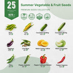 25 Summer Vegetable & Fruit Seeds Variety Pack - 1,870+ Non-GMO Heirloom Veggie & Fruits Seeds for Outdoors and Indoor Home Gardening, Including Collards, Tomato, Pepper, Okra, Onion, Bean, Cucumber