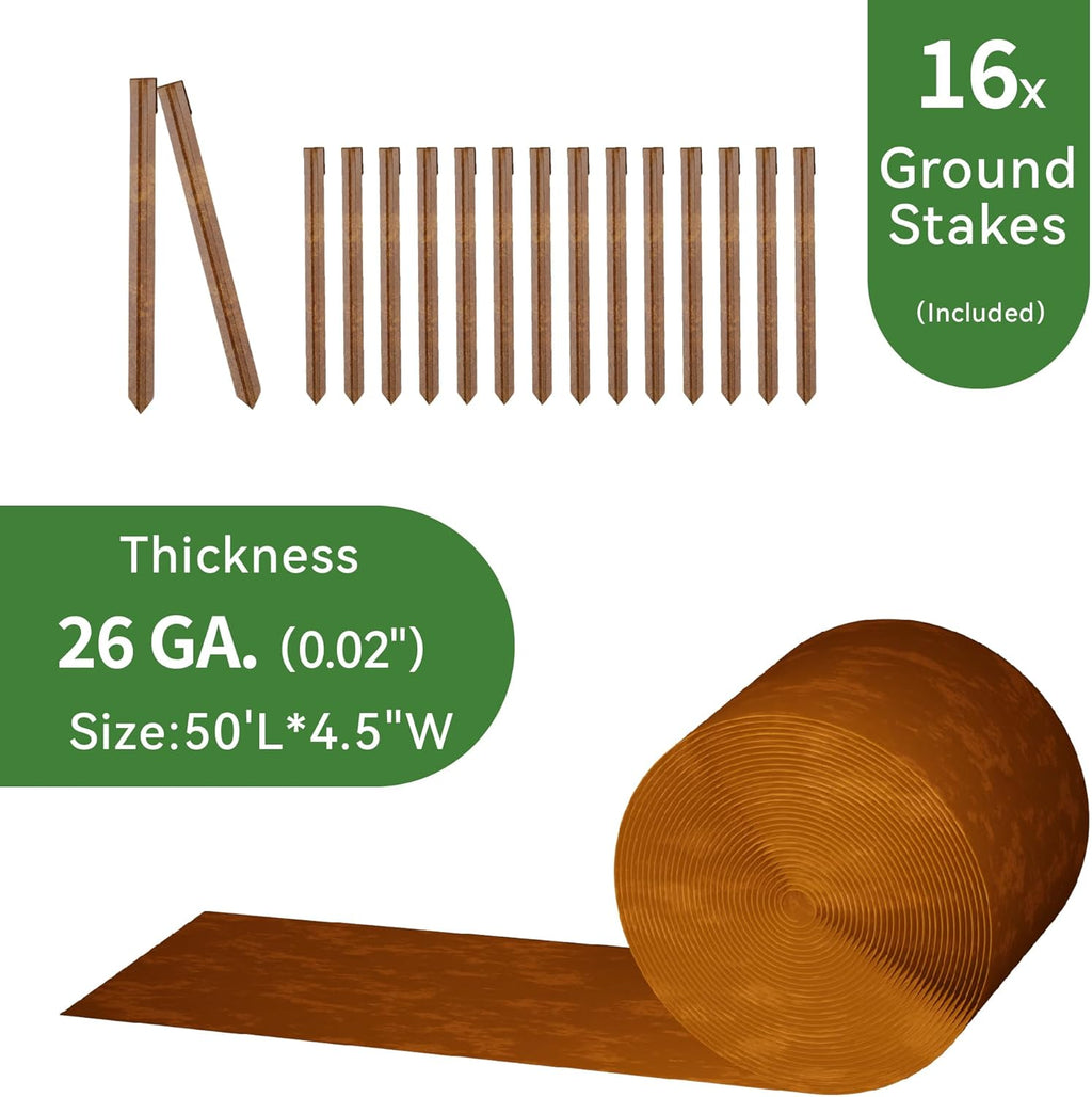 Worth Galvanized Steel Landscape Edging 4.5" x50' Metal Garden Edging Roll Flexible Bender Border with 16Pcs Stakes for Lawn, Flower Bed Edges, Rust-Colored Painted