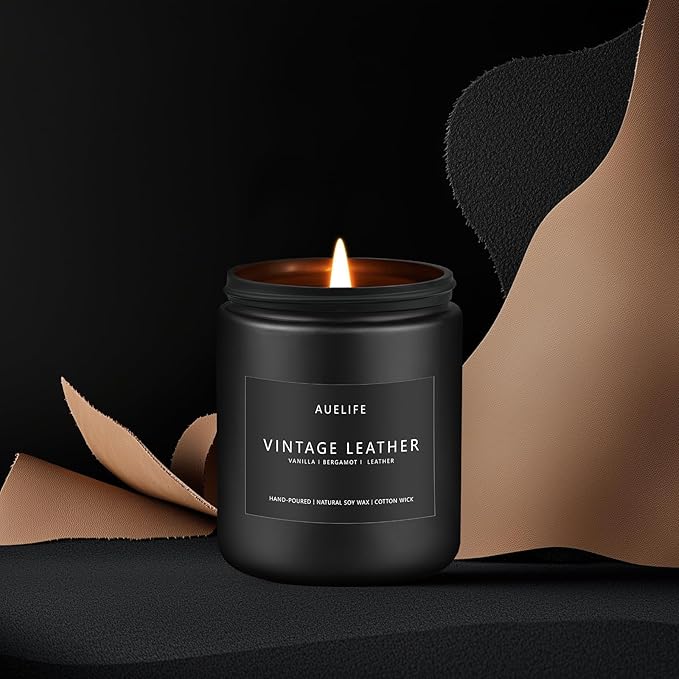 Vintage Leather Candle | Men Candles, Soy Candle for Home Scented - Man Scented Candles for Home, Men Gifts for Him - 7oz Black Jar Gifts for Friends