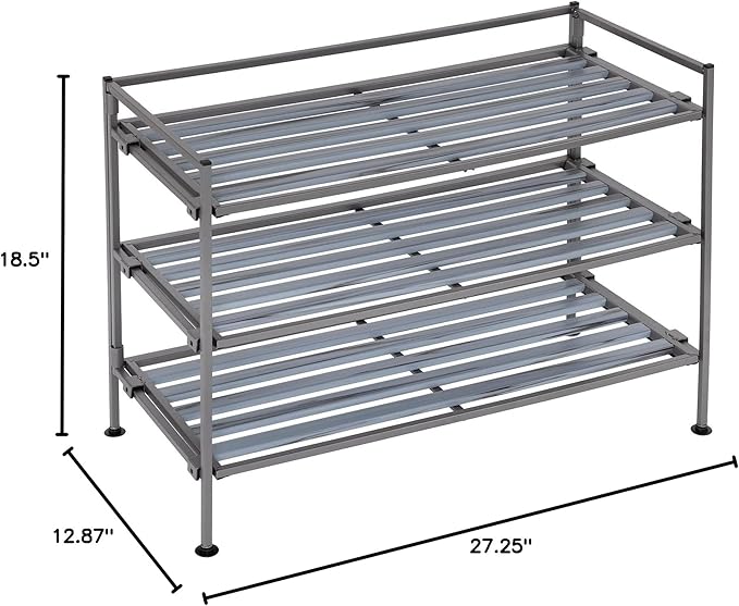 Seville Classics Sturdy Freestanding Storage Shelf for Bedroom, Closet, Entryway, Dorm Room Organizer Stackable Durable Metal Shoe Rack Silver Mist Slat, 3-Tier