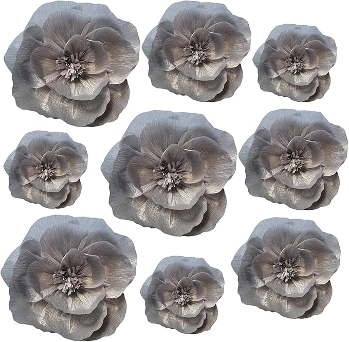 BRT Bearingshui Crepe Paper Flowers Decoration for Wall Total 9 Pcs, Artificial Flowers Backdrop for Wedding Decor Baby Bridal Shower Birthday Party, Silver 3D Wall Flowers Decor