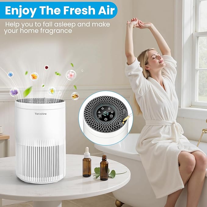 Air Purifiers for Bedroom Home, Air Purifier with PM 2.5 Air Quality Monitor Cover Up to 1235 Ft², Air Filter Cleaner with 5 mode Light, Sleep Mode, Timer, Fragrance Sponge for Smoke, Odor, Dander