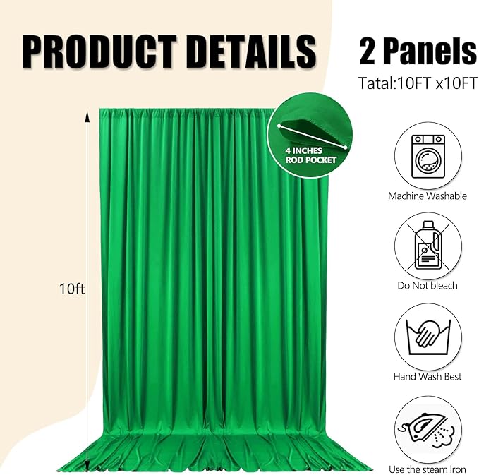 10ft x 10ft Grass Green Backdrop Curtains for Parties, Fabric Satin Background Curtain with Rod Pockets for Weddings, Birthday, Baby Shower, Photography, Graduation Party Backdrop Drapes, 2 Panels