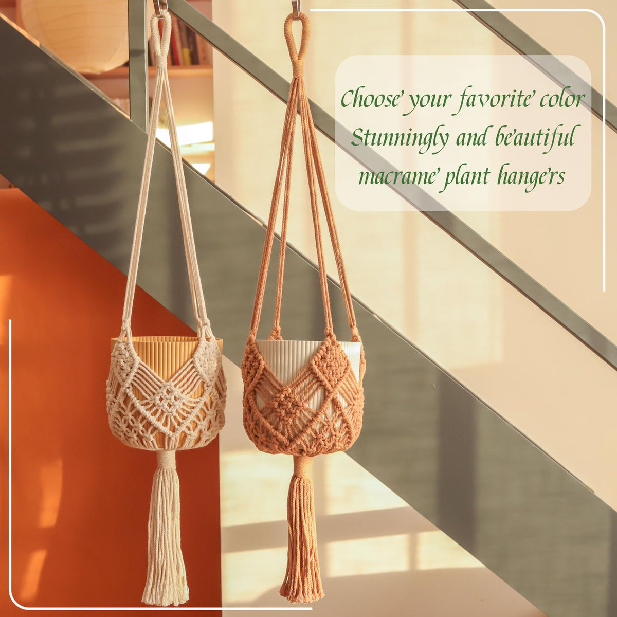 Hanging Planter with Patterns,2Packs Macrame Plant Hangers Indoor Macrame for up to 8 inch Pot Crochet Boho Plant Hanger Holder for Indoor Outdoor with 2S Shaped Stainless Steel Hooks (Caramel)