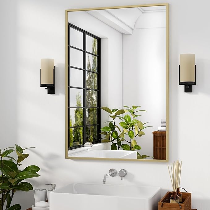 HARRITPURE 24"x32" Framed Bathroom Mirror for Wall Rectangle Mirror Aluminum Alloy Frame Wall-Mounted for Farmhouse Entryway Bedroom Living Room Gold