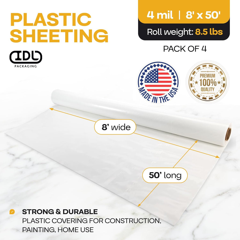 Plastic Sheeting 4 mil, 8' x 50' (400 sq.ft.), Pack of 4 - Thick Semi-Clear Plastic Sheeting for Construction, Painting, Drop Cloth, Slide&Slip - Heavy Duty LDPE Film Roll by IDL Packaging