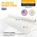Plastic Sheeting 4 mil, 8' x 50' (400 sq.ft.), Pack of 4 - Thick Semi-Clear Plastic Sheeting for Construction, Painting, Drop Cloth, Slide&Slip - Heavy Duty LDPE Film Roll by IDL Packaging