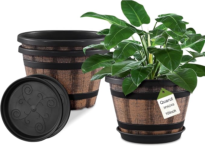 Quarut 3 Pack 10 inch Plant Pots,Whiskey Barrel Planters with Drainage Holes & Saucer, Plastic Decoration Flower Pots Imitation Wine Barrel Design, for Indoor & Outdoor Garden Home Plants (Brown)