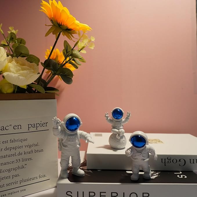 Blue White Astronaut Statues Set of 4, Spaceman Sculpture Figurines Outer Space Theme Decor for Nursery Room Cake Topper