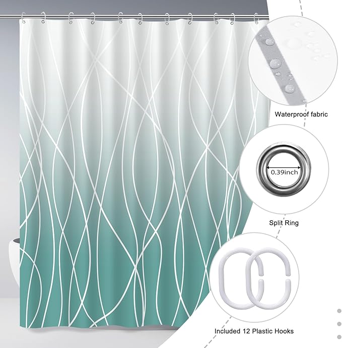 Punkray Ombre Teal Striped Polyester Shower Curtain for Bathroom with Hooks, Shower Curtains for Bathroom, Waterproof Bath Accessories Hotel Style - Machine Washable 72 x 72