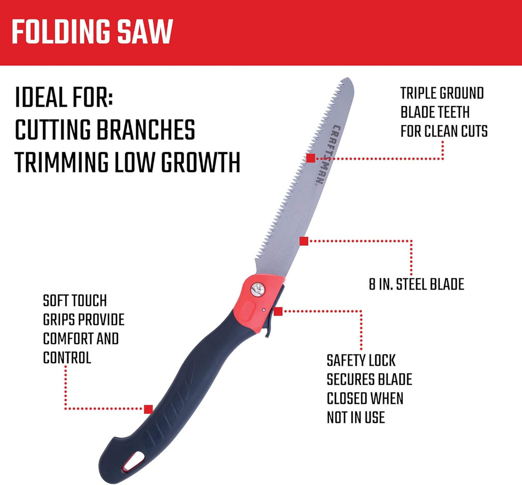 CRAFTSMAN Folding Hand Saw, 8 in. Blade, Compact Design, for Camping, Pruning, Cutting Wood, Branches or Brush