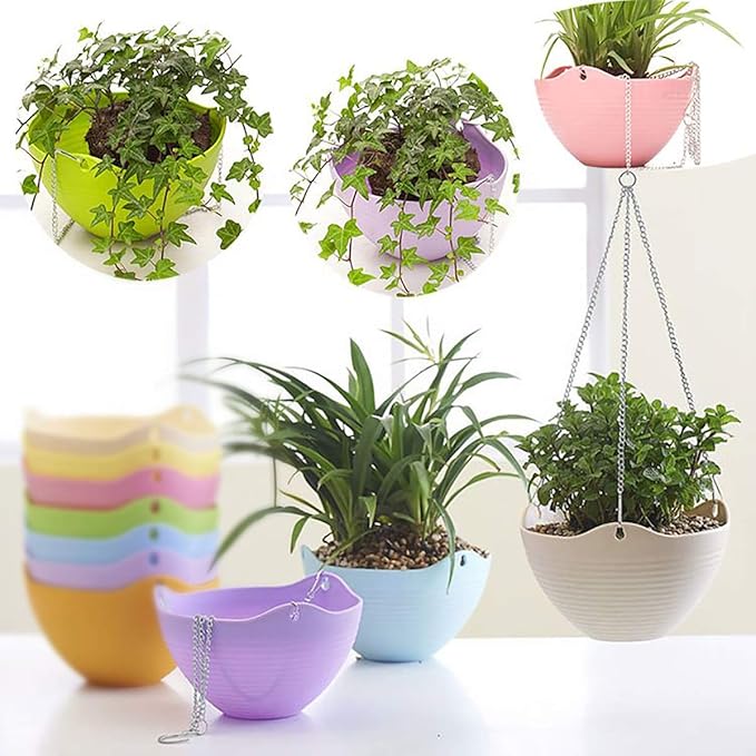 Foraineam Set of 7 Colors Self-Watering Hanging Planter Indoor Outdoor Garden Flower Plant Pot Container with Drainer and Hanging Chain