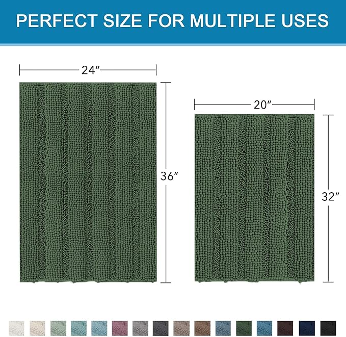 H.VERSAILTEX Bathroom Rugs Bath Mats Sets Super Absorbent Chenille Striped Bath Mats Non Skid Machine Wash Dry Rugs for Bathroom Floor Set of 2(Bronze Green, 24 x 36 Plus 20 x 32 - Inches)