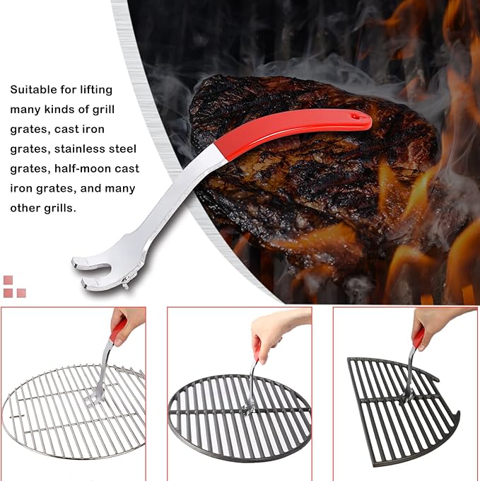 Vankey Cooking Grill Grate Lifter, Carbon Steel Grill Grate Lifter Gripper for Kamado Joe, Big Size Green Egg, Primo Charcoal Grill and Gas Grills