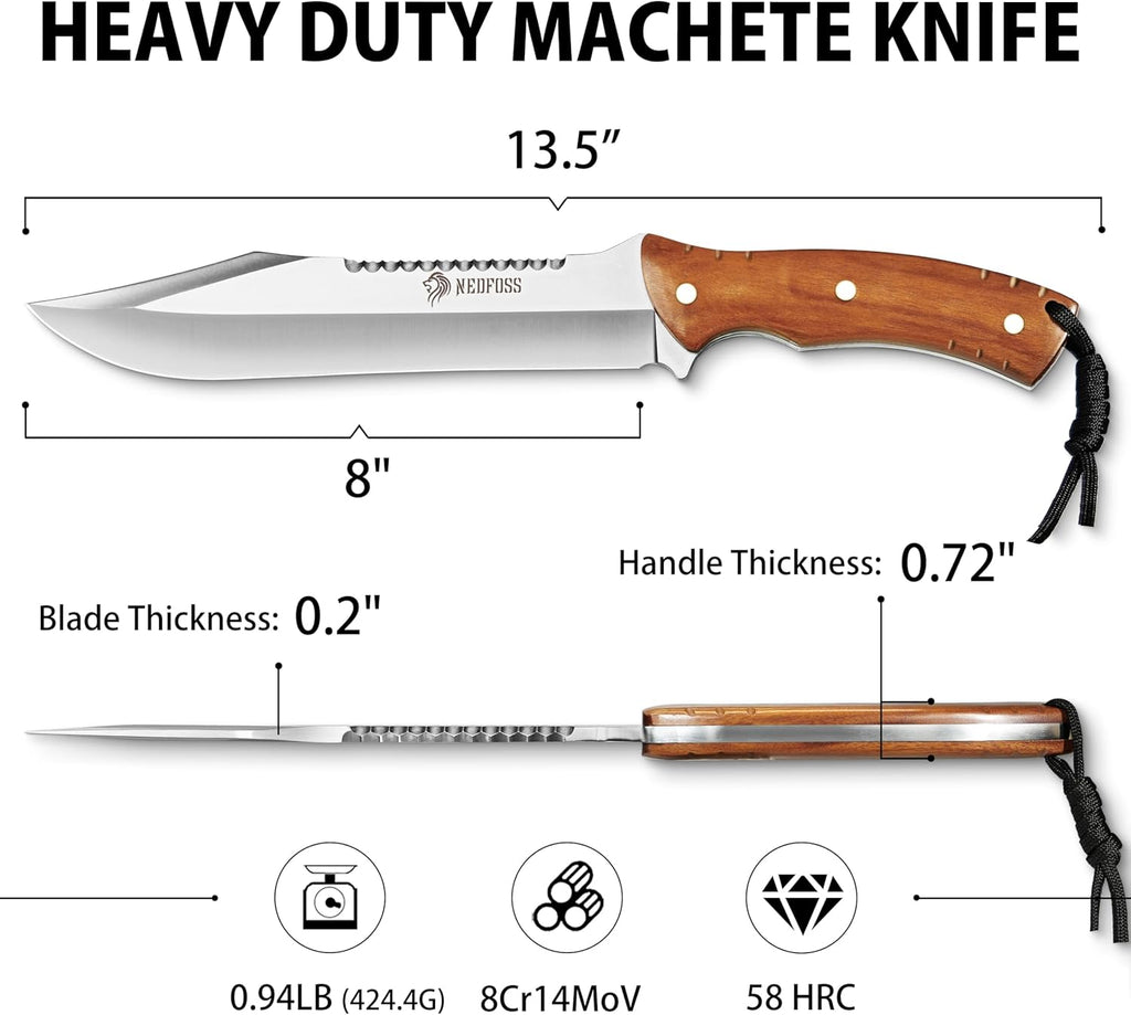 NedFoss 13.5" Machete Knife with Leather Sheath, Strong 8Cr14Mov Steel 0.22" Thick Blade Full Tang Kukri Machete for Cutting Trees Heavy Duty, Fixed Blade Knife for Yard Work Clearing Brush