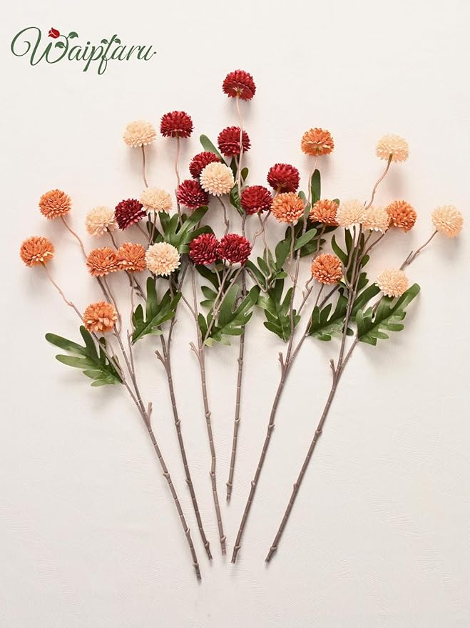 Waipfaru 10pcs Fake Silk Pompon Mum Artificial Fall Flowers, Faux Mini Chrysanthemums with 2pcs Eucalyptus Stems, Fall Decor for Centerpieces Wedding, No vase, Multicoloured