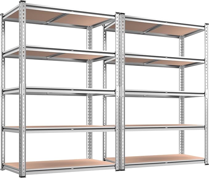 REIBII 2020LBS Garage Shelving Heavy Duty Metal Shelving 5 Tier Storage Shelves, Garage Shelves for Warehouse Basement, Easy Assembly, 72" H x 35.55" W x 16" D, Galvanized, 2 Pack