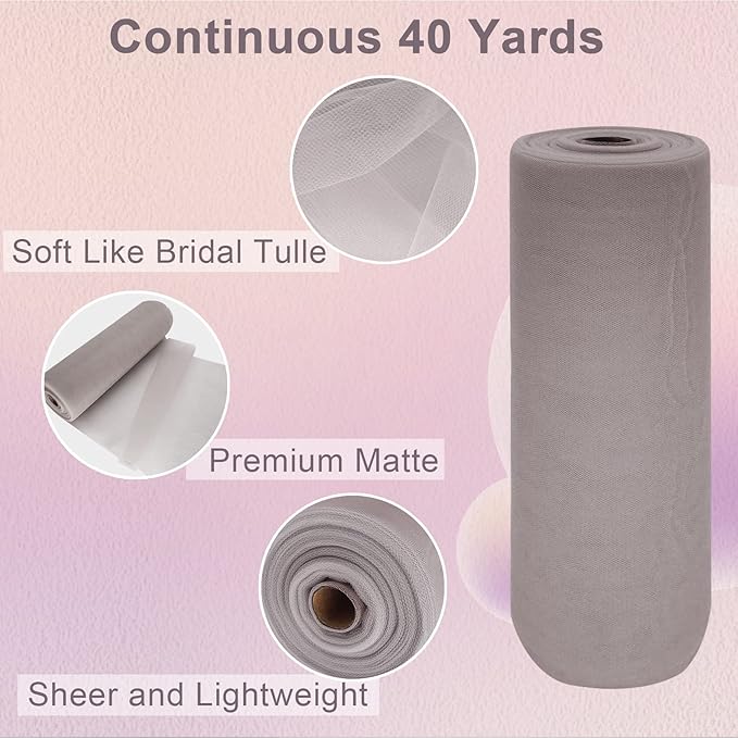 Grey Tulle Fabric Roll Spool Bolt (54 Inch by 40 Yards) Large Tulle Wedding Party Decoration, Tutu Skirt, Table Runner, Gift Wrapping, Bridal Shower, Soft & Drape (Gray)