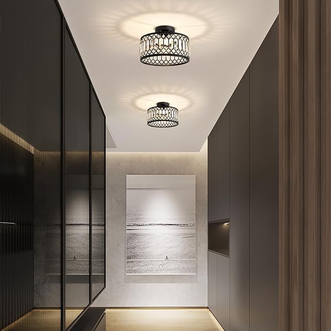 Crystal Black Ceiling Light, Modern Semi Flush Mount Ceiling Lighting Fixture, Round Hallway Lighting Fixtures for Kitchen Entryway Bedroom Laundry Room, 1-Light, 11.4 Inch