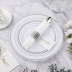 BESTVIP 350PCS Silver Plastic Dinnerware Set, Disposable Party Plates for 50 Guests, Include: 100 Plastic Plates, 50 Pre Rolled Napkins with Silver Silverware, 50 Cups