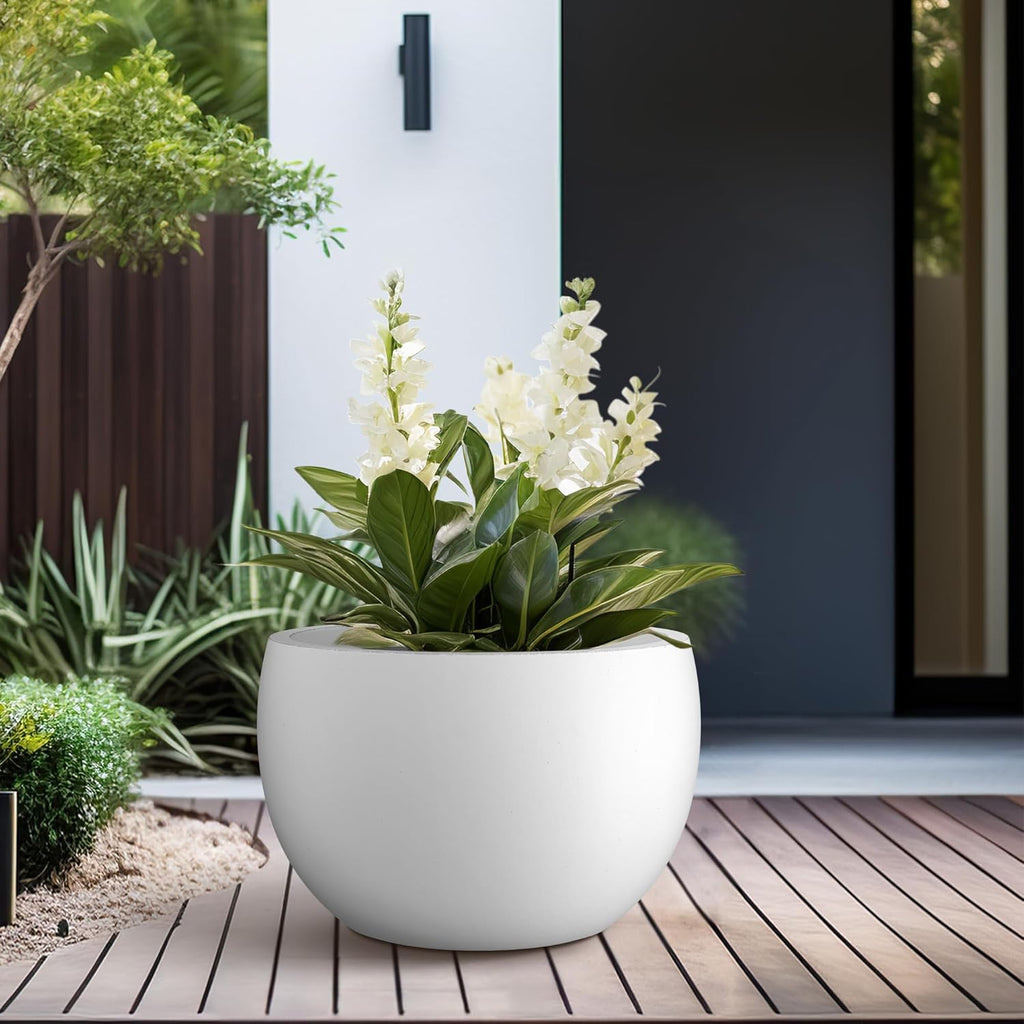 Kante 15.7" Dia Round Concrete Planter, Outdoor/Indoor Large Bowl Plant Pots with Drainage Hole and Rubber Plug for Garden Patio Balcony Home, Pure White