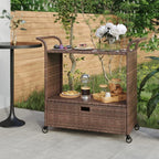 Outdoor Rolling Wicker Bar Cart with Drawer, Portable Bar Cart with Wheels, Patio Kitchen Island Cart for Pool Deck Backyard, Brown 39.4"x17.7"x38.2" Poly Rattan -459