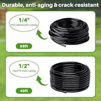Drip Irrigation System, Automatic Garden Watering Kit, Quick-Connect Watering Misting Drip Irrigation System for Greenhouses,Yards,Lawns,Raised Beds,with 98ft 1/4''& 49ft 1/2" Tubing and Accessories
