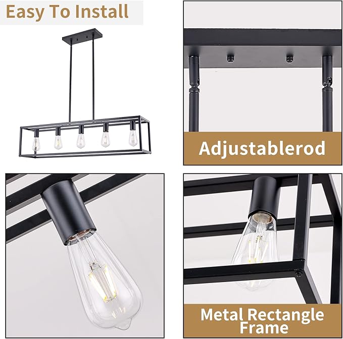 Kitchen Light Fixtures Dining Room Light Farmhouse Rectangle Chandeliers for Dining Rooms, Light Fixture Matte Black 5-Light Industrial Pendant Lighting