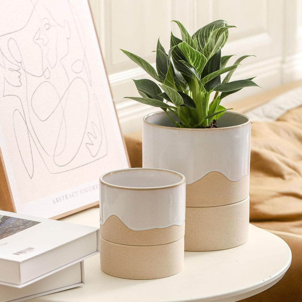 Nihow Self Watering Plant Pot: 4.5 Inch Ceramic Planter with Drainage Hole & Water Storage Plus for Indoor & Outdoor Plants - Cylinder Flower Pot for Herbs/Violets - White & Nature