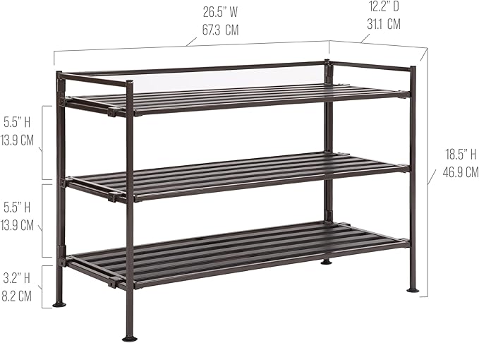 Seville Classics Sturdy Freestanding Storage Shelf for Bedroom, Closet, Entryway, Dorm Room Organizer, Stackable Durable Metal Shoe Rack, Espresso Slat, 3-Tier (2-Pack)