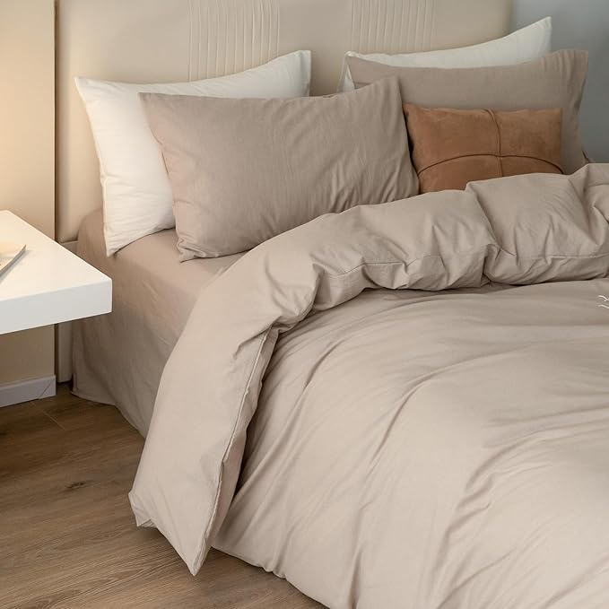 JIYUAN 100% Washed Cotton Duvet Cover Set 3 Pieces Queen, 1 Duvet Cover 90x90 Inches(Comforter Not Included) and 2 Pillowcases,Linen Feel Bedding Set Comfy and Breathable, Heathered Warm Taupe