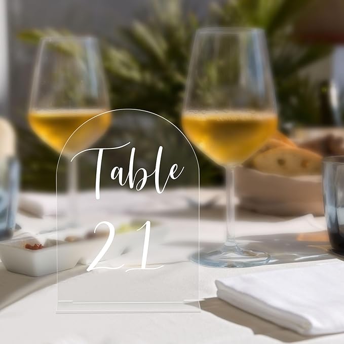 JOYIT Arch Wedding Table Numbers 1-50 with Stands – 5" X 7" Acrylic Table Signs with Clear Background White Text, Perfect Acrylic Numbers for Wedding Receptions, Parties, Anniversaries and Events