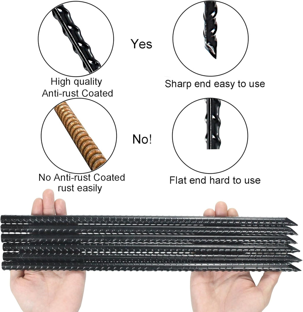 16 Inch Ground Rebar Stakes Heavy Duty Steel Ground Anchors for Outdoor, Straight Metal Stakes with Chisel Point end, Black Powder Coated (24)