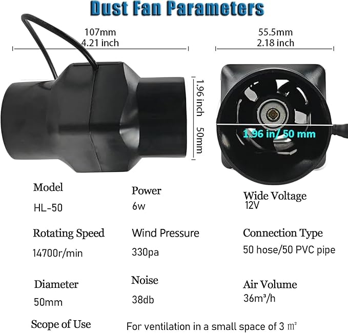 2 Inch Inline Duct Fan 12v Ventilation Fan with Variable Speed Controller Low Noise Inline 22 CFM Blower for Grow Tent Bathrooms Kitchens Black (Color : Adjustable Speed)