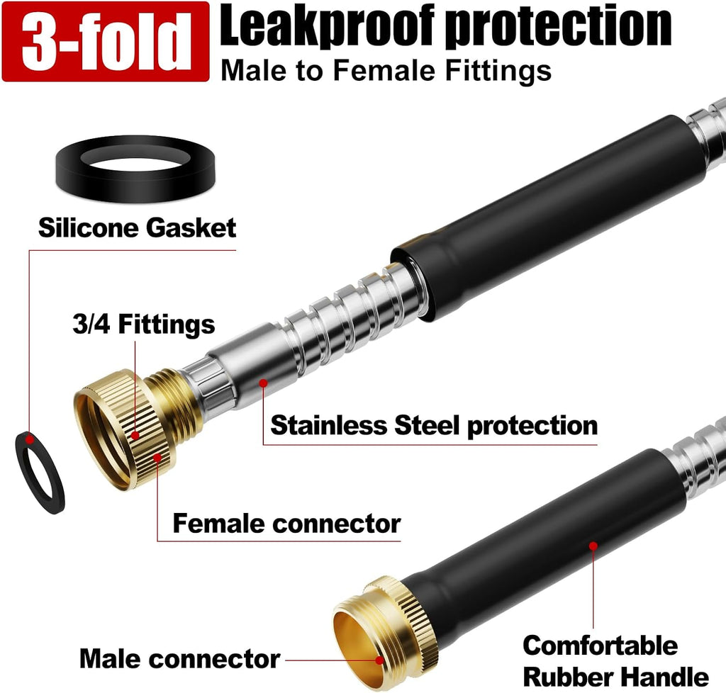 Garden Hose 25 ft, Stainless Steel Metal Water Hose 25 Feet with Nozzle, Flexible, Rust Proof, No-Kink, Heavy Duty, Leakproof 3/4 in Fittings, Lightweight Metal Hose, BT25S Model